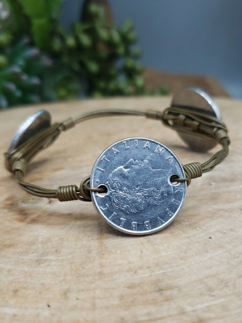 Repubblic Italiana Lire Coins Handcrafted Brass Wire Wrap Bangle 1959 1976 1981